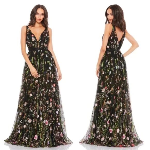 Mac Duggal Black Multi Floral Embroidered Sleeveless A-Line Gown
